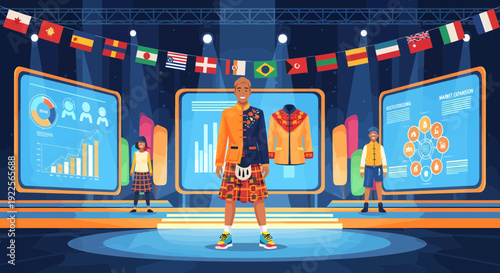 Man in Scottish Kilt and Jacket with Two Other People on a Stage.