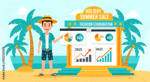 Man in summer attire presenting sales data on a large screen.