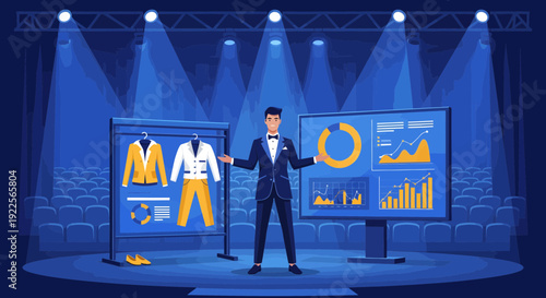 Man presenting data and clothing options on a stage.