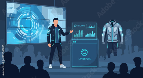 Man presenting futuristic clothing technology on stage.