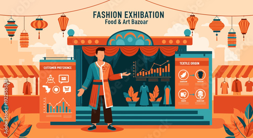 Man presenting fashion exhibition with food and art bazaar.