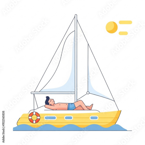 Young man sunbathing on yellow sailboat deck under sunny sky  