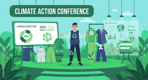 Man presenting sustainable fashion at a climate action conference.