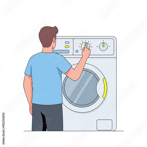 Man adjusting settings on washing machine in laundry room  