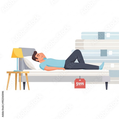 Man testing mattress while lying down in furniture store showroom  