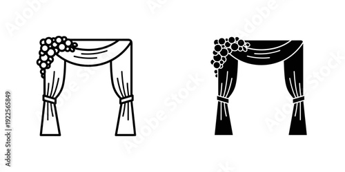 Elegant wedding arch decoration with floral drapes and black white theme minimalist vector illustration