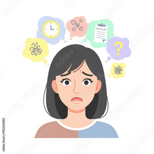 Young Asian woman feeling overwhelmed and anxious with thoughts  