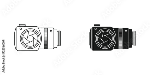 Black and white DSLR camera lens vector illustration isolated on white background detailed diagram