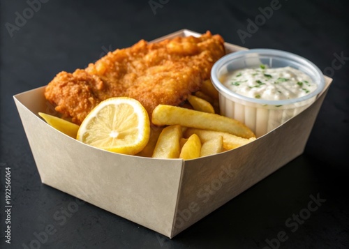 Enjoying crispy fish and chips in a classic british paper box with lemon wedge and tartar sauce at a cozy seaside diner in england