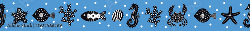 Seahorse, crab, fish, coral. Vector seamless border. Can be used in textile industry, paper, background, scrapbooking.