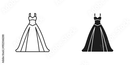 Minimalist wedding dress and veil vector illustration isolated on white background elegant design