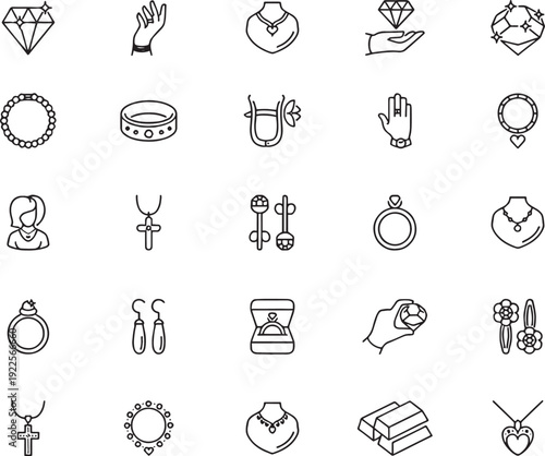 Comprehensive set of 25 minimalist jewelry line icons featuring gold bars, diamond rings, elegant necklaces, and jewelry display busts.