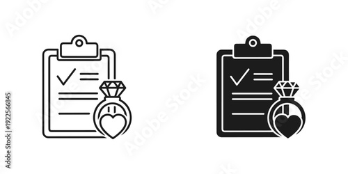 Wedding checklist approval with engagement ring and heart symbol on clipboard and digital tablet