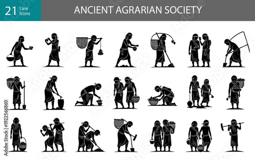 Ancient Agrarian Society Silhouettes – Traditional Farmers, Tribal Workers and Harvest Life Vector Collection