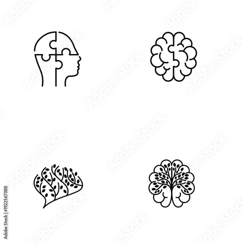 Brain and Mind Concept Line Art Icons Set with Puzzle, Human Head, and Tree Symbols for Mental Health and Intelligence
