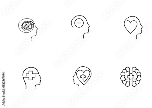 Mental Health Line Icons Set: Mind Care, Emotional Well-being, Stress, Therapy, and Positive Thinking Symbols