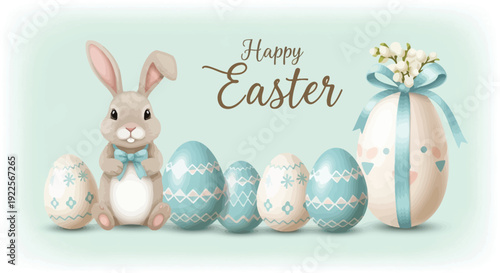 Adorable illustrated Easter bunny sits beside beautifully decorated pastel colored eggs wishing everyone a very happy holiday celebration