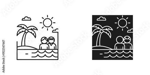 Couple relaxing in tropical beach bathtub with palm trees and sunset silhouette vector illustration