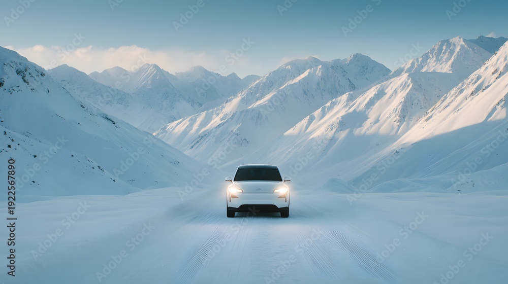 Naklejka premium Journey through the Frozen Majesty: A lone vehicle navigates a snow-covered road, framed by towering, snow-capped mountains, conveying a sense of adventure and the raw beauty of the winter landscape.