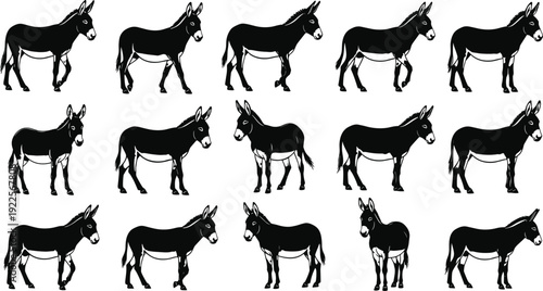 Black Donkey Silhouette Icons Set, Various Mule and Burro Standing Poses for Farm Animal Graphics, Livestock Illustration for Rural Nature Designs.
