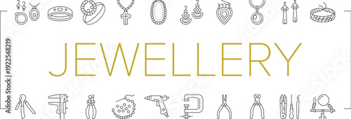 Elegant horizontal jewellery banner featuring gold text framed by minimalist line icons of luxury ornaments and professional goldsmith tools.