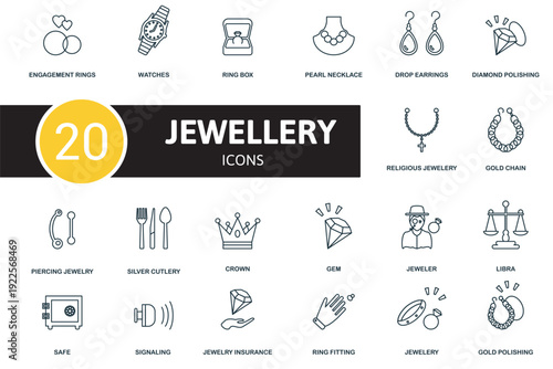 jewellery icons featuring luxury items like engagement rings, pearl necklaces, and diamond polishing.