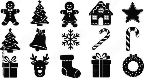 Black and white Christmas icons including gingerbread people trees gifts and snowflakes