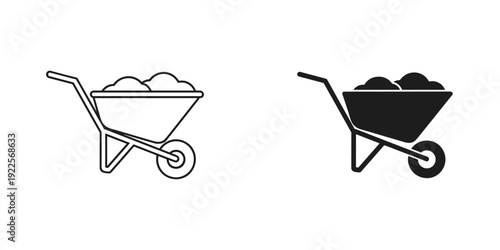 Empty wheelbarrow isolated line art icons for gardening construction and farming vector illustration