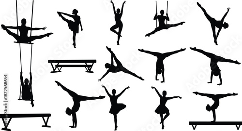 Black silhouettes of gymnasts and dancers performing various poses and routines on white background