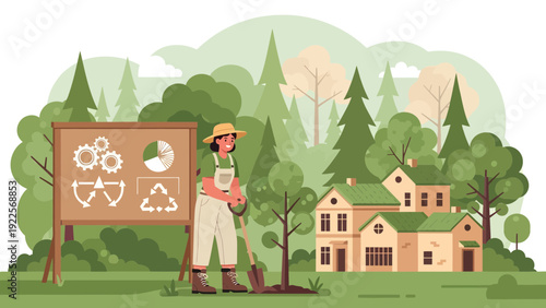Woman gardener planting tree near board with eco symbols.