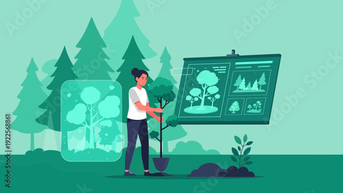 Woman planting a tree with a shovel surrounded by environmental data.