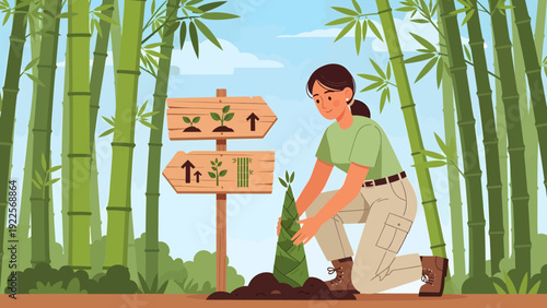 Woman planting bamboo shoot near a directional sign in a bamboo forest.