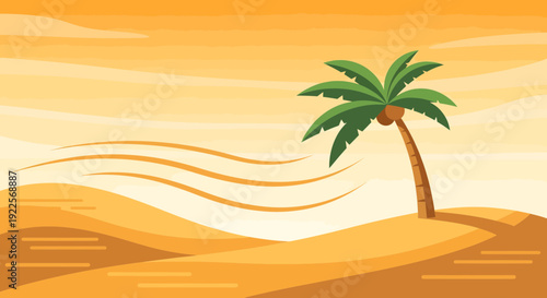 A solitary palm tree stands resilient in a desert landscape.