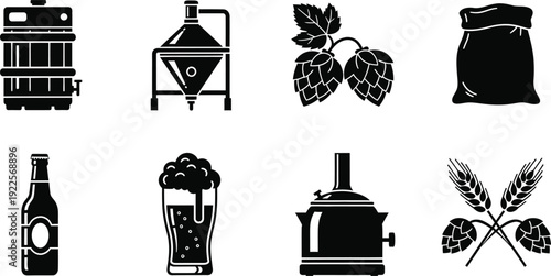 Beer brewery icon set with hops grains and brewing equipment illustrations