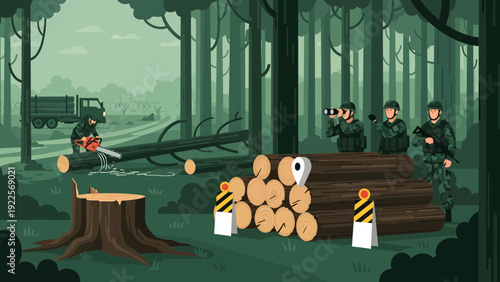 Illegal logging operation with armed guards and chainsaw operator.