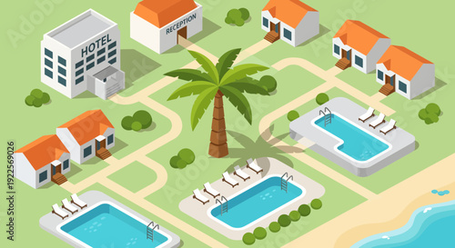 Isometric Resort Map with Hotel Bungalows Pools and Beach.