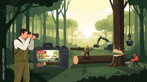 Photographer documenting illegal logging and deforestation in a forest.