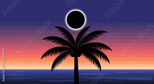 Silhouette of a palm tree against a vibrant sunset and a solar eclipse.