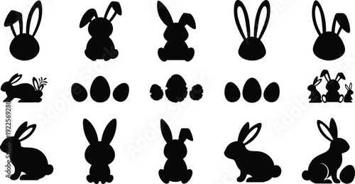 Collection of black silhouette Easter bunnies and eggs on a white background Easter bunny