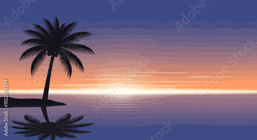 Silhouette of a palm tree at sunset reflected in calm water.