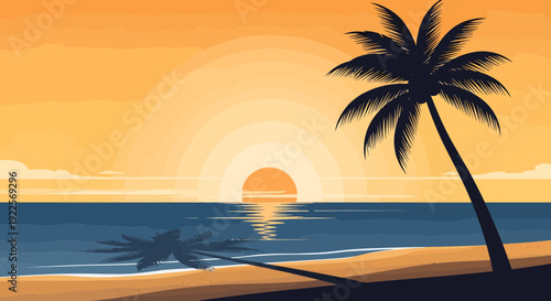 Silhouette of a palm tree on a tropical beach at sunset.