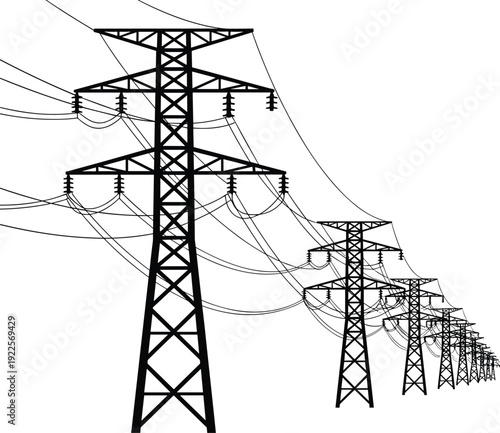 Black Silhouette High Voltage Power Lines and Electrical Pylon Transmission Towers Vector Illustration for Energy, Electricity, Infrastructure, and Industrial Power Supply.