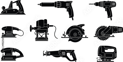 Collection of black silhouette power tools on a white background construction workshop