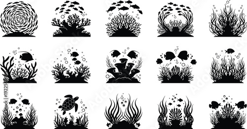 Collection of black silhouette underwater scenes with fish coral and seaweed underwater scene silhouette