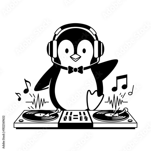 Cute DJ Penguin with Headphones and Turntables, Party Music Concept