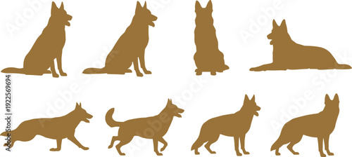 Collection of brown German Shepherd dog silhouettes in various poses on a white background