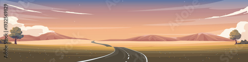 Horizontal or Landscape features a winding asphalt road leading through vast golden fields. Toward distant purple mountains under a soft hazy sunset sky with wispy clouds. For banner background.