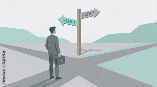 Photos Businessman at a crossroads with signs for Path 1 and Path 2, representing decis