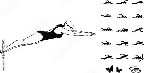 Woman swimmer diving and sequence of swimming strokes icons with butterflies and goggles