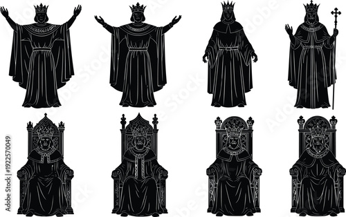 Black Silhouette Medieval Kings Set, Royal Monarchs on Throwns and Standing with Crowns for History, Fantasy, Kingdom, and Empire Designs